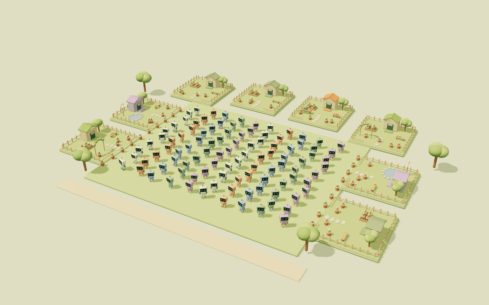 One hundred colorful little robots gathered on a shared lawn surrounded by garden homes