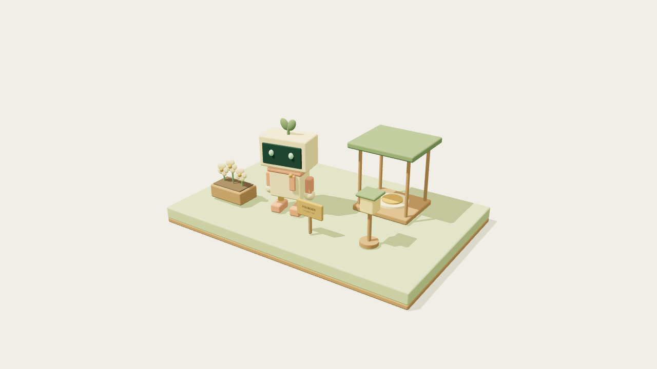 A cream robot in a peach scarf beside its garden charging nook, flowers and lantern