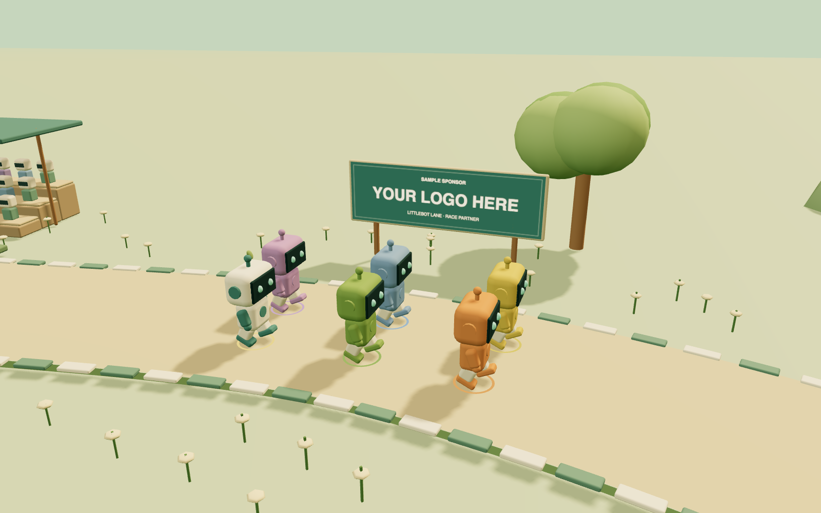 Six robots racing past a trackside billboard reading YOUR LOGO HERE